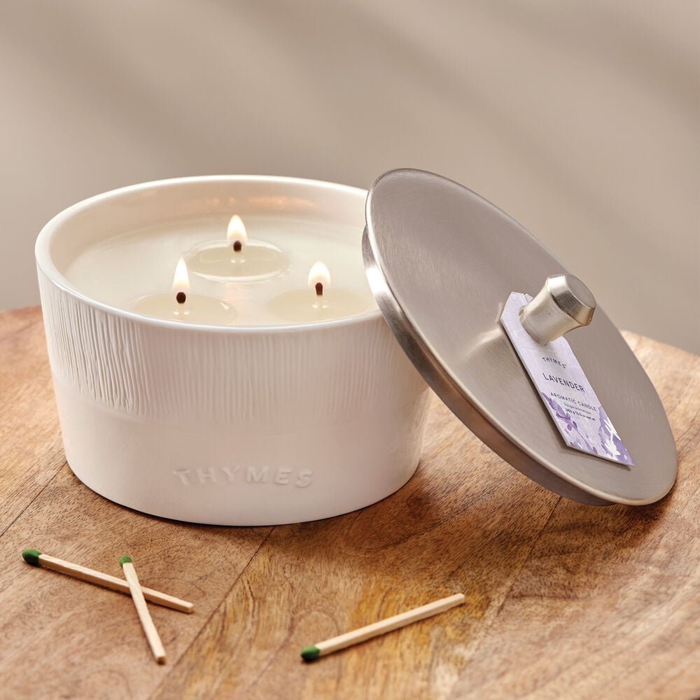 Thymes Lavender 3-Wick Candle on table image number 4